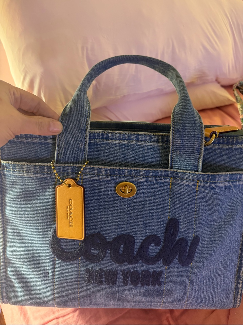 Coach Denim Tote in Blue with Tan Leather Tag